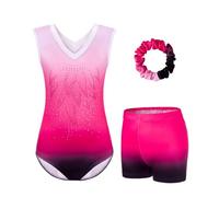 JoyBound Girls' Gymnastics Leotards LongSleeves Set -Three-Piece for Long Sleeves or Sleeveless Leotard, Shorts & Hairband Gradient Color Ballet Unitard Outfit for Ages 5-12 Dancers Girl