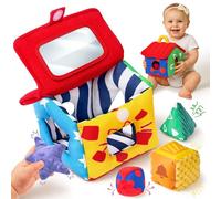 JoyCat Baby Toys 6-12 Months, Soft Shape Sorter Toy with 4 Fabric Shapes, Rattle, Squeaker, Mirror, Sensory Toys for Babies 12-18 Months, Montessori Learning Toys Baby Gifts Boy Girl
