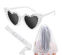 JoyChoi Bachelorette Party Accessories for Bride - 3-Piece Kit with Heart Sunglasses, Bride Sash & Veil - Cute Bridal Shower Decorations & Engagement or Wedding Gift Set for Women