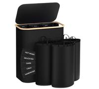 joycloth 3-Section Laundry Hamper with Lid, 160 L Extra Large Laundry Baskets with Bamboo Handles and Removable Laundry Bags, Black
