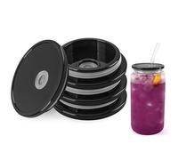 Joyclub 4 Pack Acrylic Lids for 16 oz Glass Cups with Bamboo Lids and Straws Reusable Iced Coffee Cup Beer Can Drinking Glasses for Smoothie Whiskey Boba Soda Tea Gift (Black)