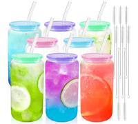 Joyclub 8pcs Glass Cups with Acrylic Lids and Straws 16 oz Can Shaped Glass Iced Coffee Cups with Lids and Straws, Cute Tumbler Cup Drinking Glasses for Smoothie Whiskey Boba Soda Tea Gift