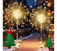 Joycome Solar Christmas Lights 2 Pack 120 LED Firework Solar Light Outdoor Garden, 8 Modes Christmas Starburst Lights, Waterproof Solar Firefly Stake Light for Pathway Xmas Decorations - Warm White