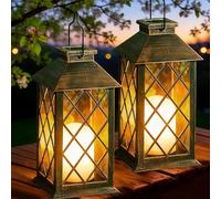 Joycome Solar Lanterns for Outside, 2 Pack Hanging Solar Lights Outdoor Garden with Flickering Candle, IP65 Waterproof Outdoor Lanterns for Garden Table Tree Patio Grave Yard Fence & Gifts - Bronze