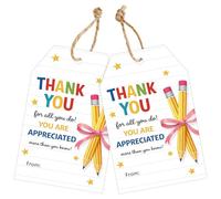 Joycraft 50Pcs Thank You Gift Tags with String, 3.3x2.1 inch Teacher Appreciation Tags with Bow Pencil Design, Thank You for All You Do Hangtags, White Paper Labels for Teacher Week, Party Favors