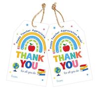 Joycraft 50Pcs Thank You Gift Tags with String, 3.3x2.1 inch Teacher Appreciation Tags with Rainbow Pencil Design, Thank You for All You Do Hangtags, White Paper Labels for Teacher Week, Party Favors
