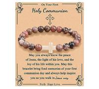 JoycuFF Christian Bracelets for Women Cross Bracelets for Religious Women Easter Catholic Natural Stone Bracelets Christian Jewelry Faith Communion Baptism Gifts, Christian Bracelet-On your first holy