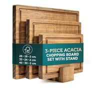 JoyCushy 3 Piece Acacia Chopping Board Sets with Stand,FSC Certified Wooden Cutting Board Set, Different Size Hardwood Kitchen Chopping Boards for Fruits,Bread,Raw Meat,Steak,BBQ