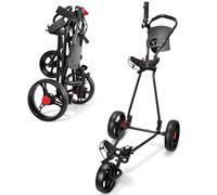 JoyCushy 3 Wheel Golf Trolley Lightweight Folding Push Cart - Adjustable Handle, 20cm Wheels with Brake, Storage Bag, Umbrella & Cup Holder - 3 Wheeled Golf Trolly for Adults & Juniors