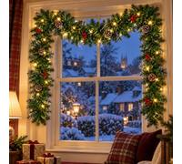 Joycushy 9FT/2.7M Christmas Garland,Xmas Garland with 50 LED Light,6.2m Cord,Pine Cone,Berries for Door Fireplace Stairs Tree Porch Arch Gate Home Christmas Decorations