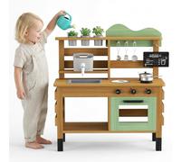 JoyCushy Mud Kitchen for Kids, Wooden Outdoor Play Kitchen with Real Faucet, Garden Toy Kitchen with Stainless Steel Cookware, Planting Pots & Watering Can, Sensory Learning Toy for Boys Girls Age 3-8