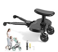 JoyCushy Universal Buggy Board with Seat, 2-in-1 Kiddy Board with Larger Seat, Fits 99% of Strollers, Easy to Install, Safe&Durable - Ideal for Families with Two Children, for 2-6 Years (25KG),Black