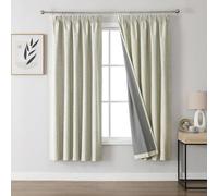 Joydeco 100% Blackout Curtains, Linen Curtains with Ruffle Tape, Set of 2, H 160 x W 132 cm, Light Beige, Thermal Curtain, Cold Protection, Opaque, Sound Protection, Ideal for Living Room, Matches