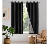 Joydeco 100% Blackout Lined Curtains W46 x L54 Inch Drop, Linen Look Textured Thermal Insulated Eyelet Short Black Curtains with Coating Back Layer for Living Room Bedroom - 2 Panels