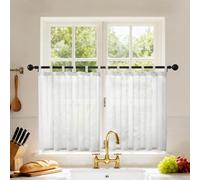 Joydeco Net Curtains Modern Bistro Curtains Set of 2 H 45 x W 90 cm White | Transparent kitchen curtains with loops, linen look window curtains short, for living room, caravan, country house style