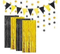 Joyeah 4 Pack Foil Fringe Curtains Black Gold Metallic Tinsel Curtain Decorations Streamers Backdrop for Birthday Party