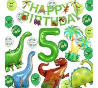 Joyeah Dinosaur 5th Birthday Party Decorations - Happy Birthday Banner and Balloon Set, Foil Dinosaur Balloon Arch Kit for Boys & Girls - Jungle Safari Green Party Supplies