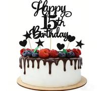 Joyeah Happy 15th Birthday Glitter Cake Topper Cheers to 15 Years Old 15 Fabulous for Celebrating 15th Birthday Anniversary Party Cake Decorations Supplies Black