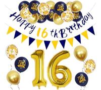 Joyeah Happy 16th Birthday Decorations Navy Blue Gold 16th Birthday Balloons Party Decorations Mens Boys Happy 16th Birthday Banner Bunting Kit