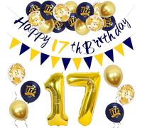 Joyeah Happy 17th Birthday Decorations Navy Blue Gold 17th Birthday Balloons Party Decorations Mens Boys Happy 17th Birthday Banner Bunting Kit