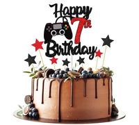 Joyeah Happy 7th Birthday Cake Topper Glitter Video Game Cake Pick Game On Cheers to 7 Years Cake Decoration for Game Theme Happy 7th Birthday Party Supplies Red