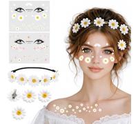 JOYEASE Flower Headband Set with 2 Flowers Tattoo Face, Daisy Headband with 4 Hair Clips, Face Tattoos Hippie Hair Accessories for Carnival Fancy Dress Theme Party