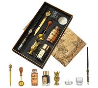 Joyeee Artist Dip Pen with Ink, Wooden Dip Pen, Bottle Sealing Wax Beads, Tea Candle, Glass Cup, Gold Letter Opener, Wooden Pen Holder and Wax Seal Spoon, Teacher Gift Box for Women Men…