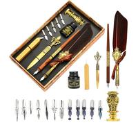 Joyeee Calligraphy Set for Beginners Adults, Inclued Antique Sealing Wax Kit, Wooden Comic Dip Pen, 17 Dip Pen Nibs for Writing, 2 in 1Pen Stand Base and Wax Stamp for Sealing Letter, Brown