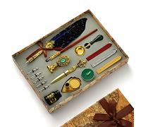 Joyeee Feather Calligraphy Pen Set, Glittering Quill Pen Ink Set, Antique Dip Feather Pen Set and Sealing Wax Kit, Gift Box for Writing, Drawing & Home Desk Retro Decoration Set #86
