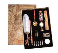 Joyeee Feather Pen and Ink Set, Writing Quill Pen with Ink, Brass Wax Seal Stamp, Metal Dip Pen Holder, Letter Paper, Wax Seal Beads, Tealight, Retro Gift Box, Unique Birthday Gifts for Mum Dad