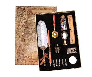 Joyeee Feather Pen and Ink Set, Writing Quill Pen with Ink, Brass Wax Seal Stamp, Metal Dip Pen Holder, Letter Paper, Retro Gift Box, Unique Birthday Gifts for Mum Dad Grandpa Grandma