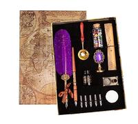 Joyeee Feather Pen Ink Set, include Quill, Wooden Dip Pen, Black Ink, Replaceable Nibs, Seal Stamp, Sealing Wax Beads, Melting Spoon, Tea Wax, Dip Pen Holder Stand, Letter Paper