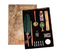 Joyeee Feather Pen Ink Set, include Quill, Wooden Dip Pen, Black Ink, Replaceable Nibs, Seal Stamp, Sealing Wax Beads, Melting Spoon, Tea Wax, Dip Pen Holder Stand, Letter Paper
