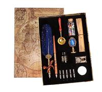 Joyeee Feather Pen Ink Set, include Quill, Wooden Dip Pen, Black Ink, Replaceable Nibs, Seal Stamp, Sealing Wax Beads, Melting Spoon, Tea Wax, Dip Pen Holder Stand, Letter Paper