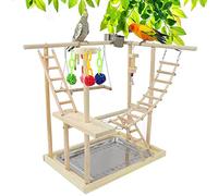 Joyeee Large Parakeet Playground Set, with Steel Birds Food Dish, Playground Swing, Wooden Ladder, Colorful Bird Toy Rattan Balls, Stainless Steel Tray Pick Up Food Scraps, 18.9" x 13" x 21.4" L