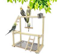 Joyeee Natural Bird Perch Stand with Playground Ladder, Water Feeder and Swing for Cockatiel, Parakeet, Conure, Budgies, Parrot, Macaw and Love Birds - 14.5" x 9" x 15.9"