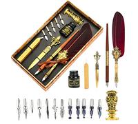 Joyeee Quill and Ink Set with Wax Seal, Golden Wax Stamp for Letter Sealing, Calligraphy Wooden Drawing Pen, 17 Calligraphy Nibs, Metal Letter Opener, Black Ink Bottle and Gift box, Wine Red