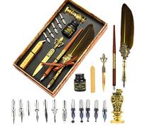 Joyeee Real Feather Quill Pen and Ink Set, Include Sealing Wax Stamp Kit for Wedding, Wooden Calligraphy Dip Pens, 17 Replacement Nibs, Wax Seal Stick for Stamp Seals, Dark Yellow