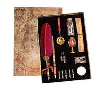 Joyeee Red Feather Pen and Ink Set, Writing Quill Pen with Ink, Brass Wax Seal Stamp, Metal Dip Pen Holder, Letter Paper, Wax Seal Beads, Tealight, Retro Gift Box, Unique Birthday Gifts for Him