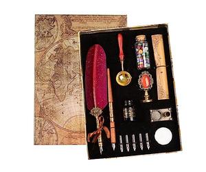 Joyeee Red Feather Pen and Ink Set, Writing Quill Pen with Ink, Brass Wax Seal Stamp, Metal Dip Pen Holder, Letter Paper, Wax Seal Beads, Tealight, Retro Gift Box, Unique Birthday Gifts for Him