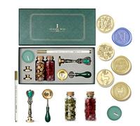 Joyeee Wax Seal Kit with Gift Box, Vintage Removable Brass Letter M , Elk and Thank You Stamp Head, 2 Colors Wax Beads, Metal Handle etc, Suit for Gift, Craft, Cards Envelopes, Medieval Classic
