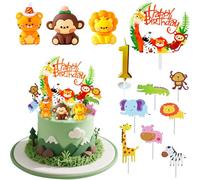 Joyek 12-Piece Jungle Cake Decoration Set - Happy Birthday Cake Topper Animals for 1st Birthday - Safari Decoration Children's Birthday Boy Girl