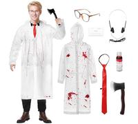 Joyesplay Adults Psycho Costume Costume Includes Raincoat Axe or Knife Glasses Red Tie Business Card and Psycho Halloween Costumes for Men