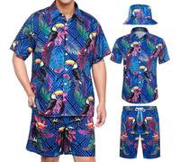 Joyesplay Hawaiian Shirt and Shorts Set for Men 3 Pcs,Funny Men's Beach Flamingo Print Shirts Set with Hat for Tropical Beach Holiday Shirts
