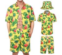 Joyesplay Hawaiian Shirt and Shorts Set Men 3 Pcs,Shiteshirts for Men Beach Flamingo Print Festival Shirts Set with Hat for Tropical Beach Holiday Shirts