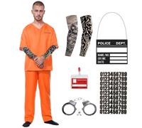 Joyesplay Prisoner Halloween Costume Men Kids Adults 7 PCS Outfit, Orange Prisoner Top Matching Trousers Convict Costume Halloween Fancy Dress
