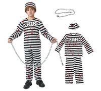 Joyesplay Prisoners Costume Kids Prisoner Zombie Outfit Halloween Costumes 6 PCS for Boys with Striped suit Top hat Chains Stickers Fancy Dress (110)
