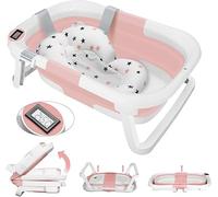 Joyeuse Planet - Foldable Baby Bathtub with Bath Pillow and Built-In Thermometer, Ergonomic and Space-Saving, Baby Gift for Girls or Boys, Suitable for Babies from 0 to 3 Years (Rose)