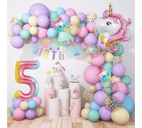 JoyeuVie 120pcs Pastel Macaron Balloons Arch Kit - Unicorn Foil Age Balloons, Happy Birthday Banner - Girl's 5th Birthday Party Decorations