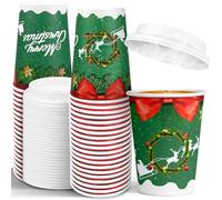 JOYEUX Christmas Disposable Coffee Cups with Lids 12 oz, To Go Coffee Cups, Holiday Paper Cups for Hot Cocoa, Hot Chocolate, Drinks Supplies, Xmas Dinner Party - 40 Pack